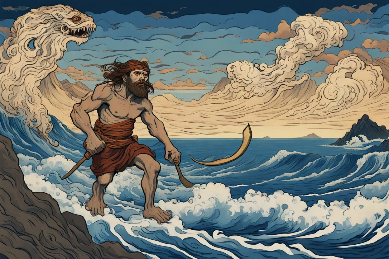 digital painting of the odyssey quest with the mythos cyclops by homer, in the style of hokusai and van gogh