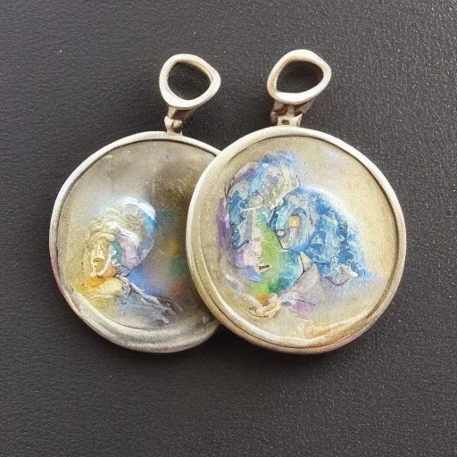 pendant in a form of two conjoined silver coins, watercolor, large strokes, illustration, fantasy