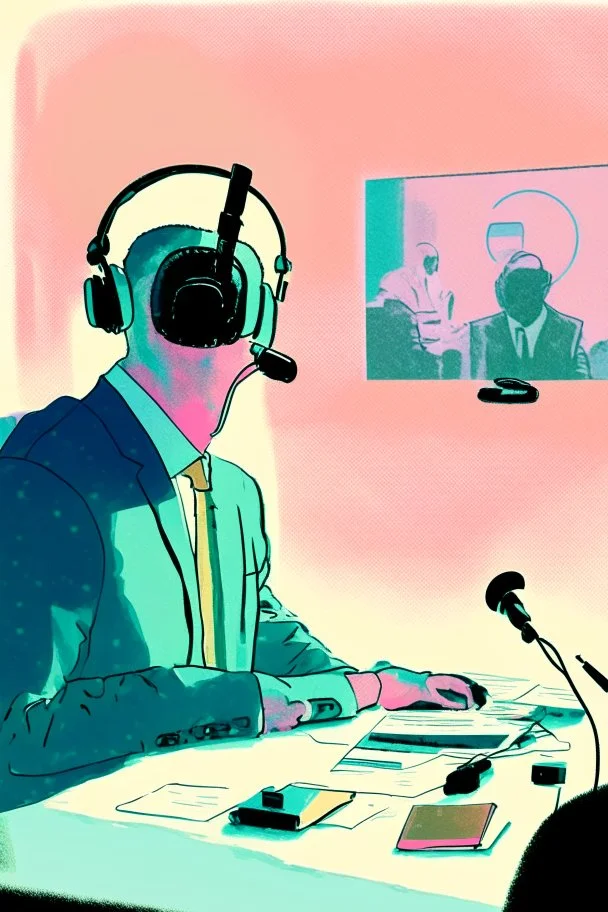 A simultaneous interpreter is sitting at a table with headphones with a microphone on his headphones at a foreign briefing, the background is blurred, everything is in pastel colors,