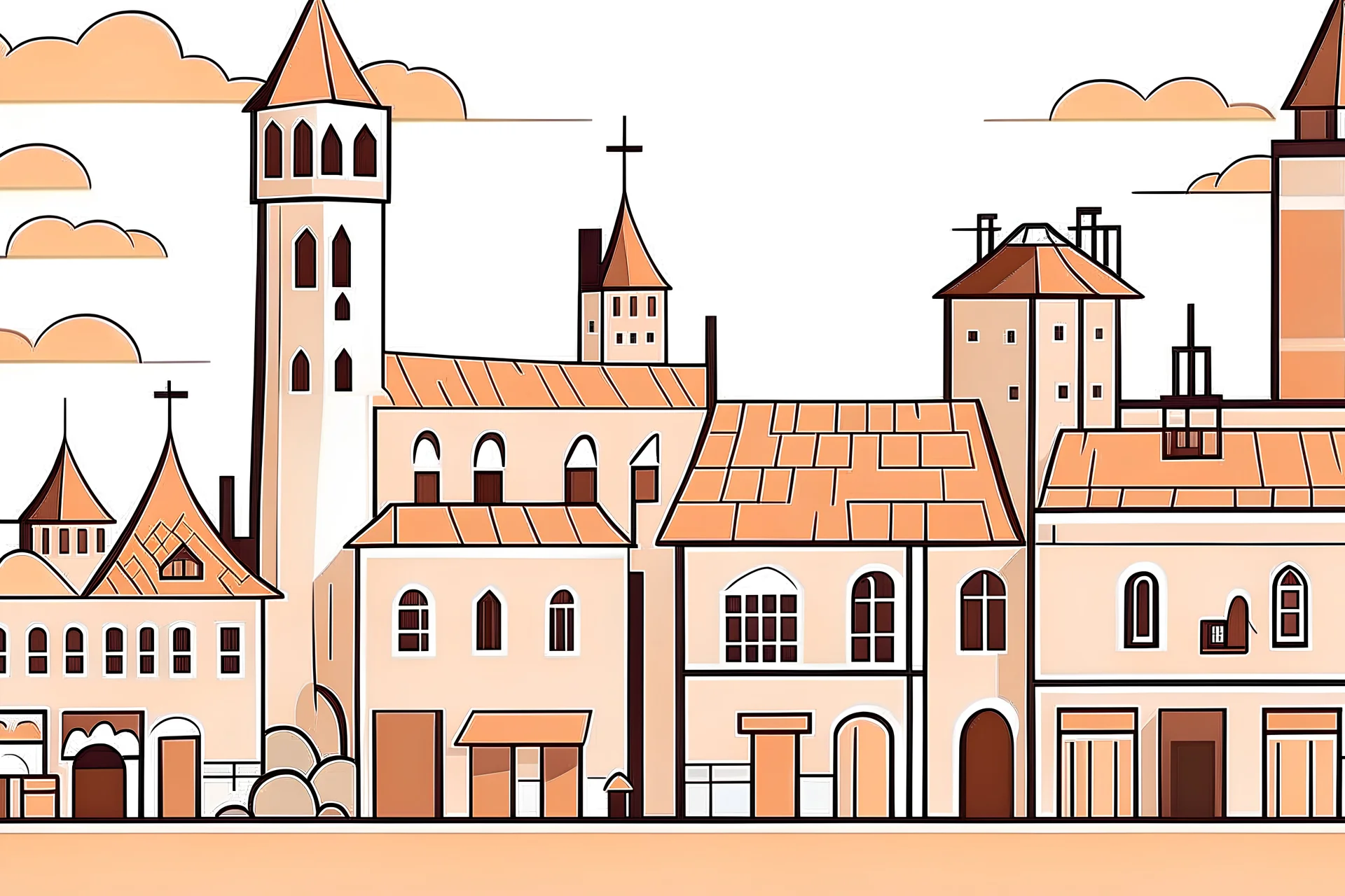 Scene foreground, background, middle ground with que, framed by alleyways, in front of a building in a not scary hell, Middle Ages style, an exaggerated long que of people outside the building, waiting in line, style: children’s book illustration, flat vector-like, no shadow, minimalistic, no outline, realistic colors in orange, red shades