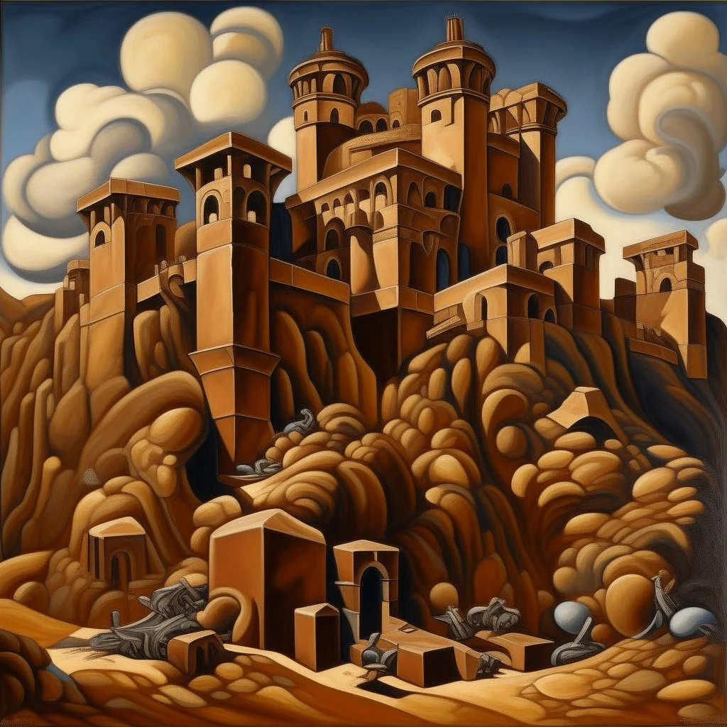 A brown fortress with rocky hammers painted by Thomas Hart Benton