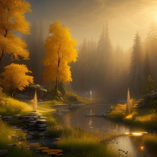 beautiful golden landscape very etheric, delicate colors, ultra sharp focus, 8k, unreal engine 5, extremely sharp detail, light effect, soft light atmosphere, smooth, full of details, face in front, complete vision of face and hair and of the body