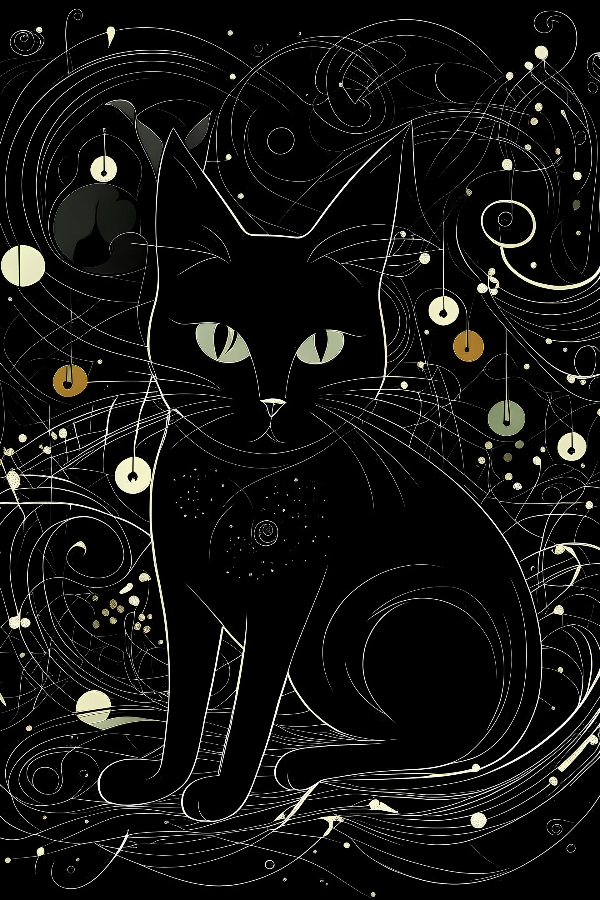 black Cat / style black abstract art with music notes around