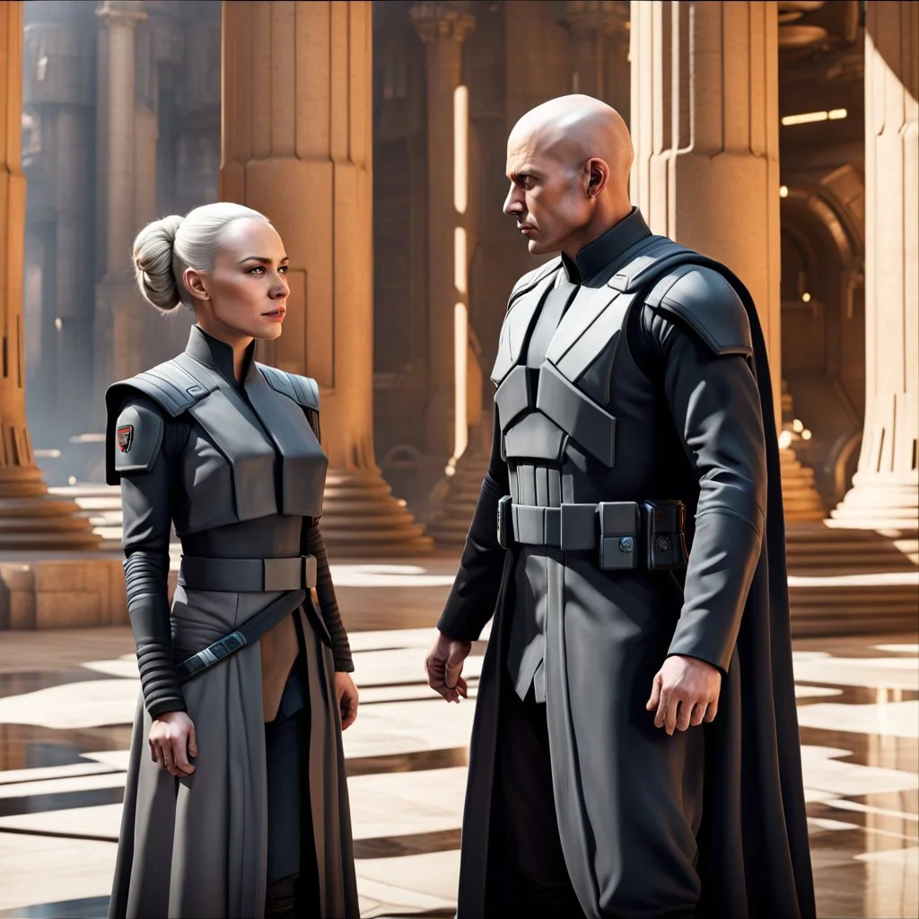 a bold and heroic bald male Corellian pilot in black and grey First Order special forces gear meets a female Jedi Master in ancient, mystical temple, hyperdetailed, dynamic lighting, hyperdetailed background, 8k resolution, volumetric lighting, light skin, fully symmetric details