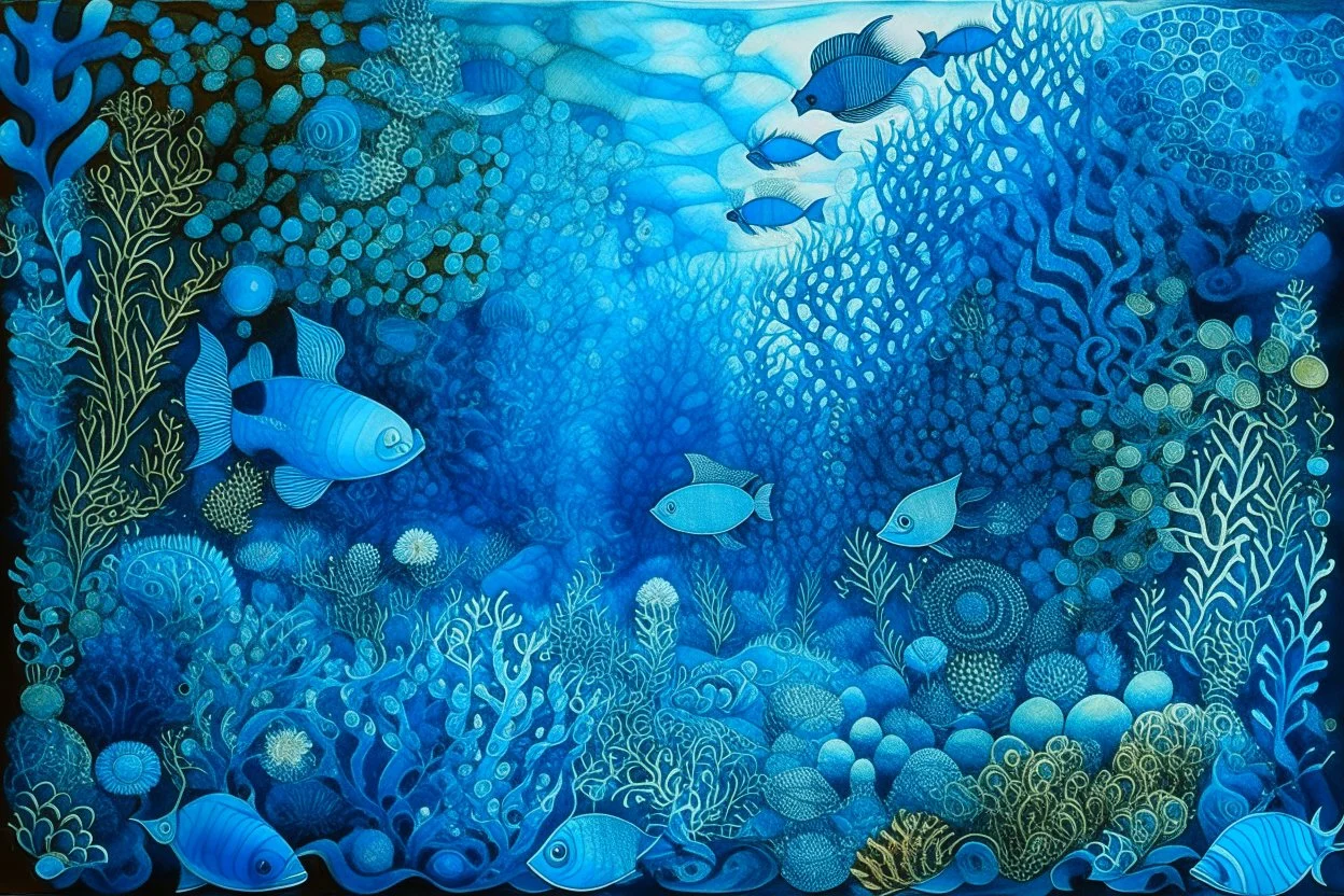 A blue underwater realm designed in Australian aboriginal art painted by Albrecht Durer