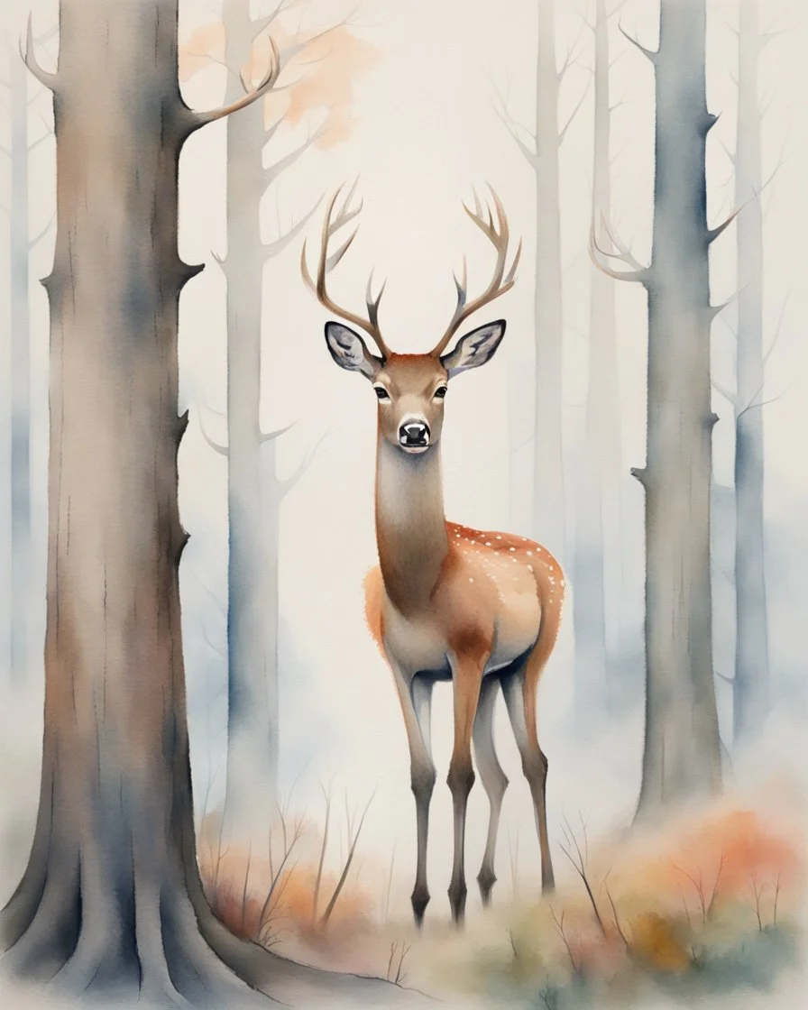 deer with antlers standing sideways, looking at viewer, realistic water color painted, among tall simplified tree trunks, foggy, pastels, colorful