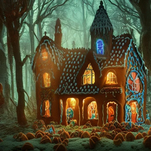 a witch house in the woods made of gingerbread, cerulean frosting, and pastel candies, 8k, flickering light, centered, high-quality, fine-detail, digital art, detailed matte, volumetric lighting, illustration, 3D octane render, brian froud, howard lyon, greg rutowski, alphonse mucha