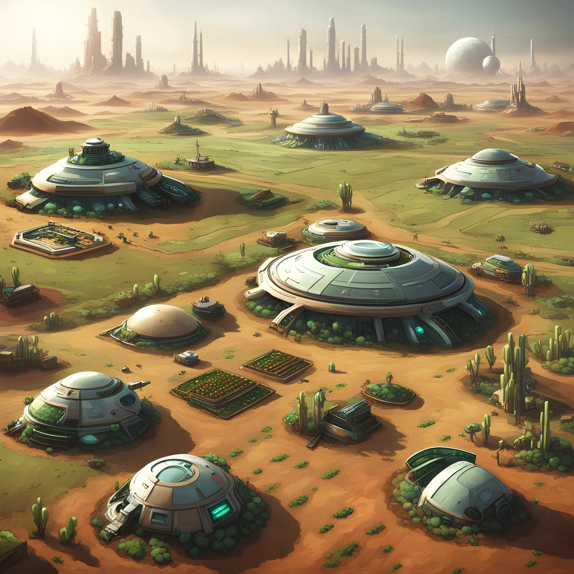 vaisseaux futuristes, début d'une colonisation d'exoplanète avec peu de verdure, planète désertique. Bâtiment relié en étoile et quelques champs agricoles avec des paysans dans les champs, maÏs, betterave et canne à sucre en gardant son côté désertique.