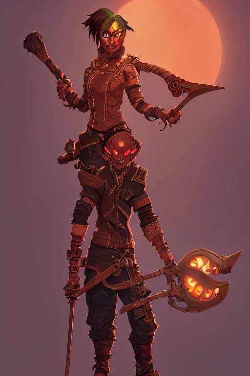 steampunk goblin holding an axe under a red moon