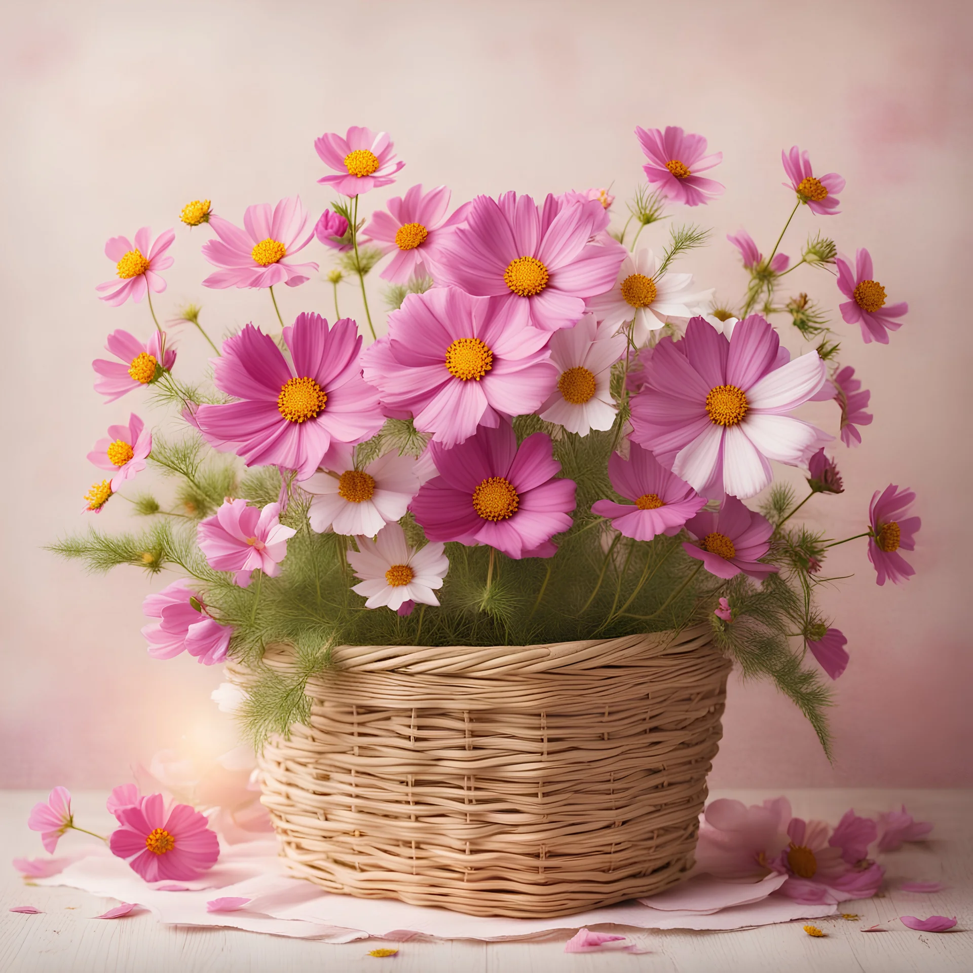 Mothers Day card with cosmos flowers in wicker basket