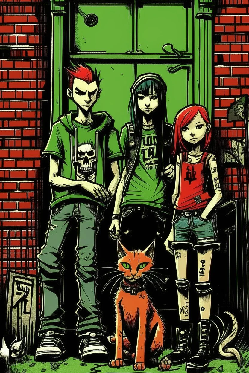 Act like a book cover designer. Use graffiti style. Three teenagers (13-15 years old) - two boys and a girl with a grimy black cat. Second plan: punk rocker with red mohawk at the brick wall with green door. Enviroment: old town.