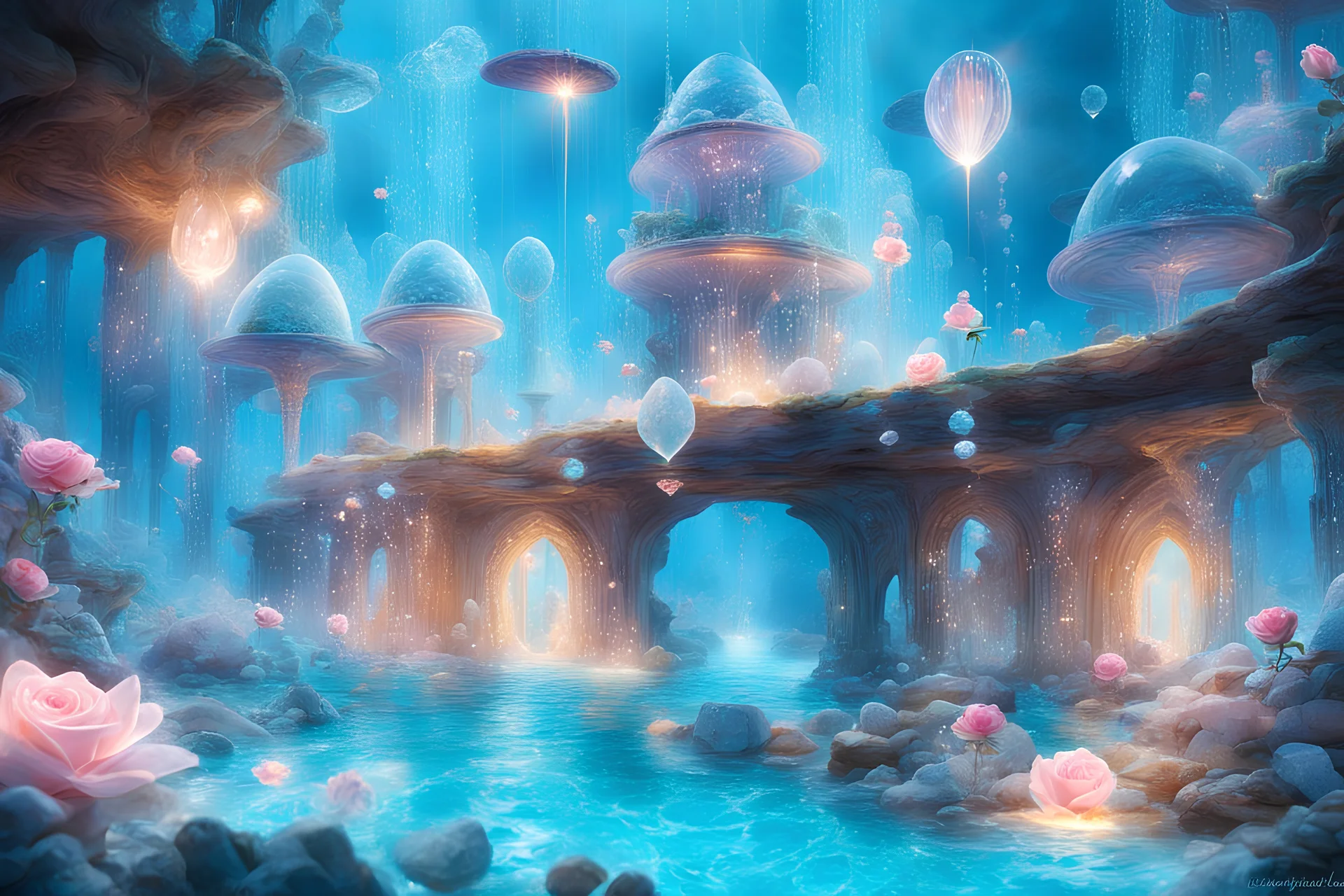 Monde merveilleux aquatique, château cristal, roses en cristal lumineuses, rayons de lumières, pierre précieuse, eau turquoise, rayons de lumière, petites lumière, cristaux , perles de lumière, lucioles