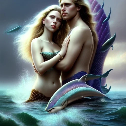 A beautiful portrait of a fusion of Scarlett Johansson and Reese Witherspoon as a mermaid , leaning on a ships deck ,Rough sea in the background, a shark,snails, seashells (digitall art by Eugene de Blaas and Ross Tran, vibrant color scheme, highly detailed, in the style of romanticism, cinematic, artstation best quality, realistic lighting, masterpiece portrait, details light dusting , cowboy shot from above, simple chain hauberk Vector art digital illustration 3D shading )