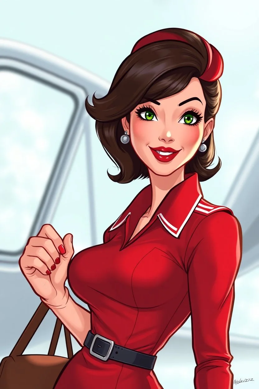 realistic cartoon in the style of Francois Walthery's Natacha series of adventurous, beautiful brunette French stewardess lady, aged 50 posing in a tight, short, red uniform dress. She has green eyes, strong makeup, bright red lips and long lashes.