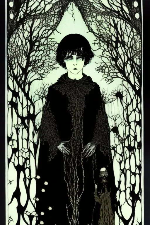 7 year old boy, friendly, looks dead, with weird mushrooms growing out of him, wearing black robes, in the style of Harry Clarke