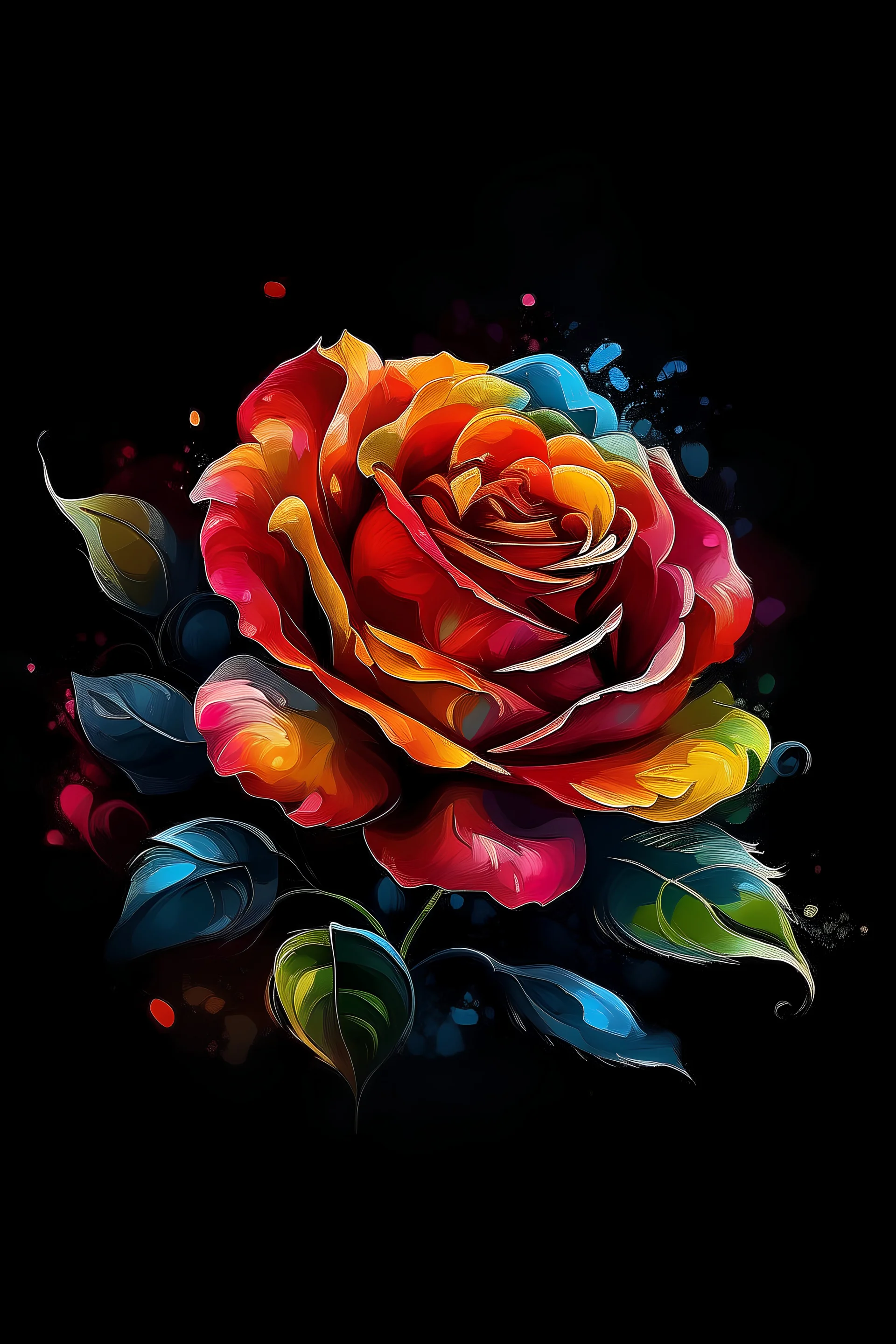 a painting of arose flower on a black background, a digital painting, by Jason Benjamin, shutterstock, colorful vector illustration, mixed media style illustration, epic full color illustration, mascot illustration