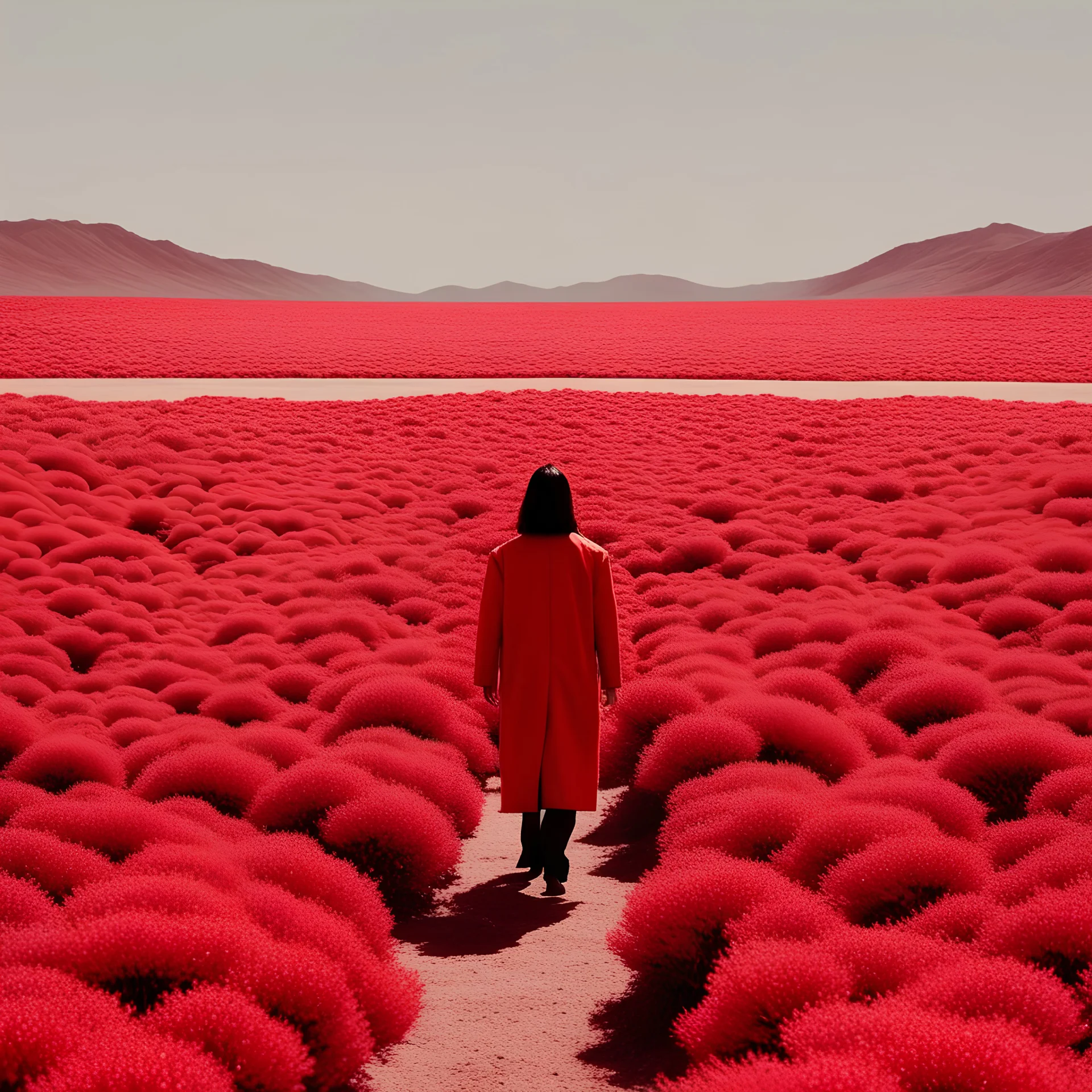 an astronaut walking through a field of red flowers, on a lush fertile alien planet, in a red dream world, lonely landscape, celestial red flowers vibe, on another planet, binspired by Ren Hang, design milk, long black hair, whites, wanderers traveling from afar, trending on artisation, cloning spell, coat pleats, in twin peaks, submarine, by Helen Thomas Dranga, symetry, round-cropped, noire photo