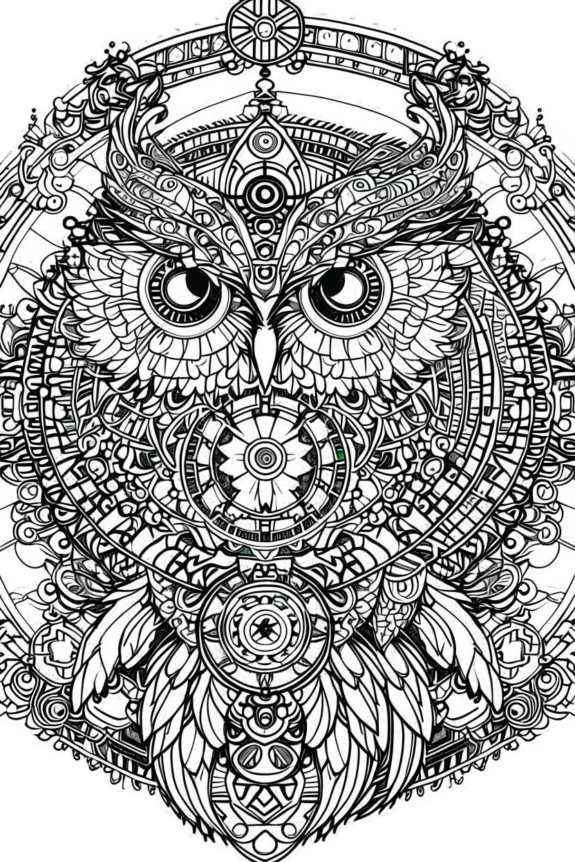 Mandala of Mechanical Owl with Full Moon, outlined in black and white with clear, thick lines for an adult coloring book, contour, vector, clean line art, isolated on a white background