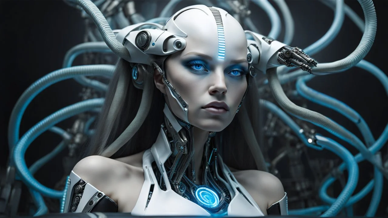 An android-mutant woman with long hair, a biomechanical mutant with sky-blue eyes, white robot body, she is the AI-Medusa woman with like snakes of hair, the wirling with blue-white hair, sitting a futuristic chair, stunning, mystic and sci-fi mix creature, high detalied, sharp focus, perfect beauty, professional photo