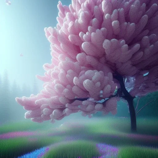  trees and flowers, pink an blue, transparent, beautiful, soft, hight definition, 8k