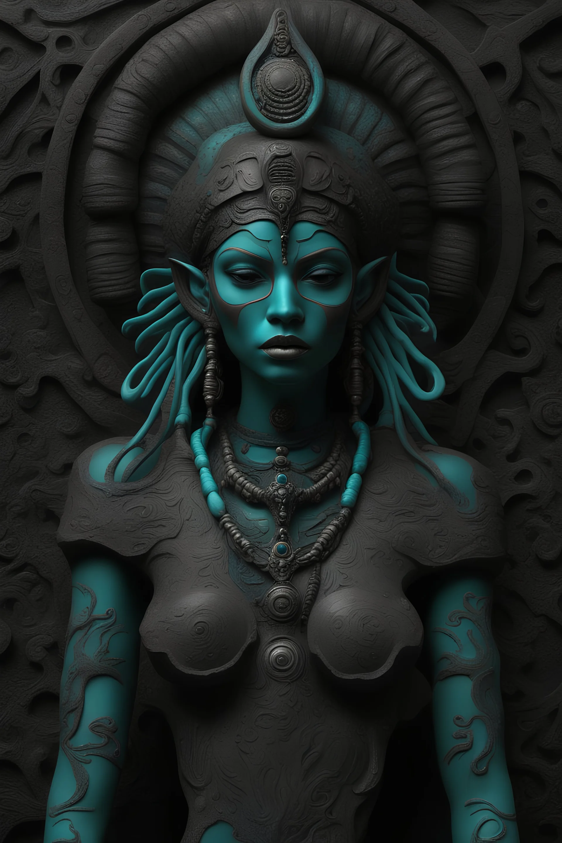 kali goddess, psychedelic Indian, 3D, dark color scheme and little bit of turquoise, in the style of Paulo Serpireri and HR Giger