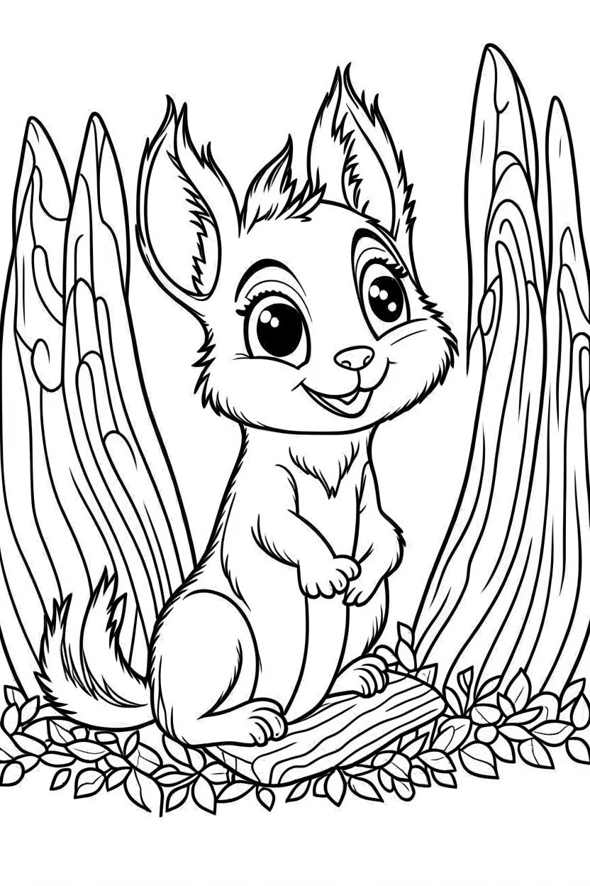 cute coloring page, sketch style, cute baby squirrel in the wood, cartoon, white and black, withe background, no shadows, outline.