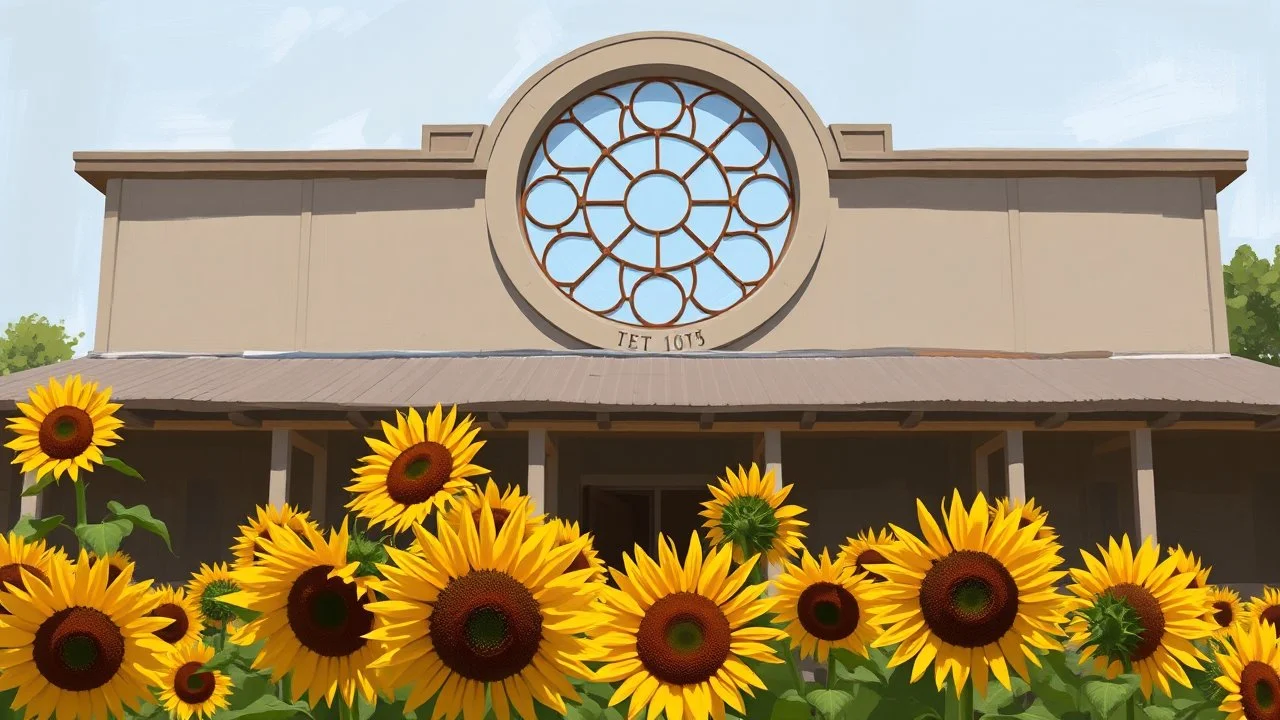 A building with a large circular window is shown, with sunflowers in the foreground. The image has a painterly style.