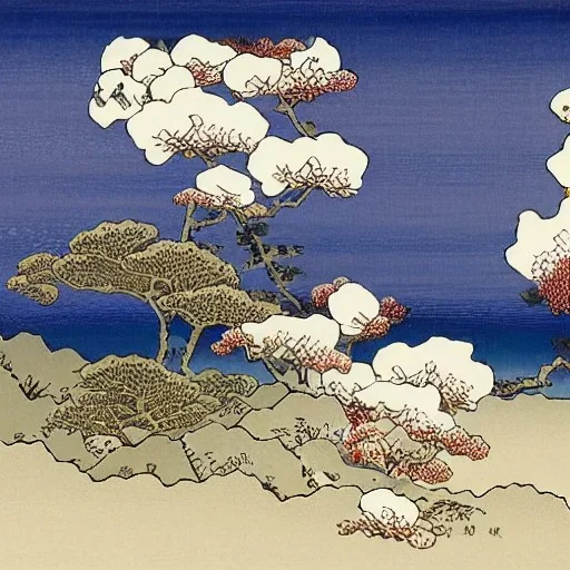 Roses and orchids with a clouds on a beach by Katsushika Hokusai