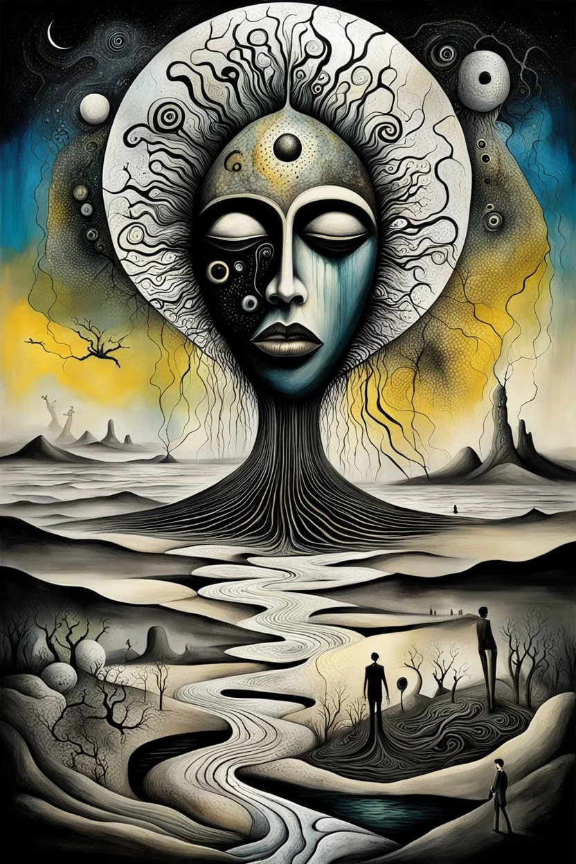 paIinted inner world and dynamics of the uncontrolled mind ans soul, chaotic, lonely little island sits in the cold deep Sahara, a surreal cracked, painted weird land. The Whimsical style of Chagall meets the dark visions of Minjae Lee and the thick, impasto textures of Anton Semenov lonely, sad lives and absurd beauty, deep, dark nightmare . The broken, weird inhabitants of this bizarre landscape, rendered in deep colors, dark dunes, shattered life. . The thick layers of impasto paint, surreal