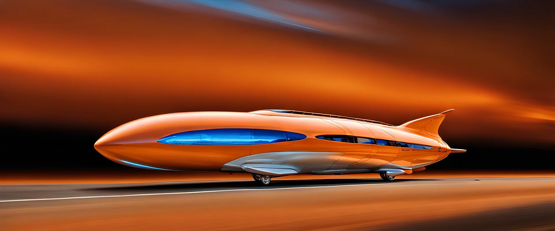 award winning car and driver photograph of a futuristic station wagon dirigible hybrid designed by only one vehicle per image painted metallic orange traveling at a high rate of speed, jet intake off of front center of vehicle and jet exhaust out the rear with bright blue flame, bilaterally symetrical, more a high speed road vehicle