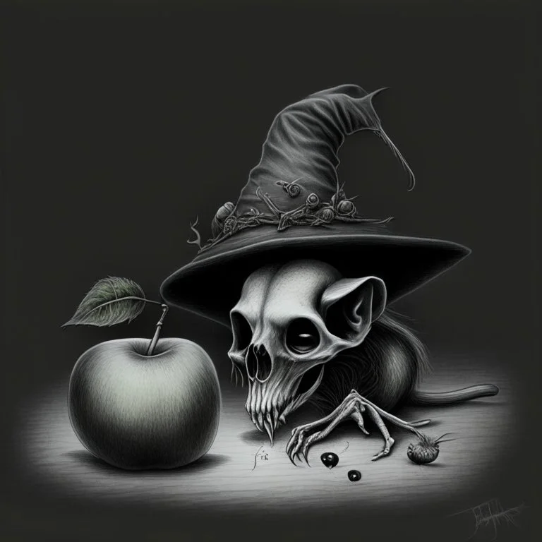 Realistic drawing of a Skull with a Witch hat, Skull has ghost eyes and is eating from a poison apple. Rat walks behind the skull.