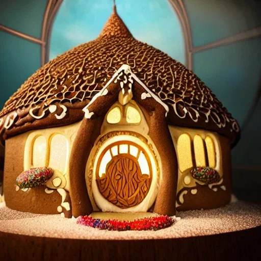 an intricate hobbit-style gingerbread house under a glass dome, rainbow sprinkles, frosting, 8k resolution, centered, high-quality, ultrafine-detail, digital art, flickering light, detailed matte, volumetric lighting, illustration, 3D octane render, brian froud, howard lyon, ben goossens, George Grie, greg rutowski, alphonse mucha