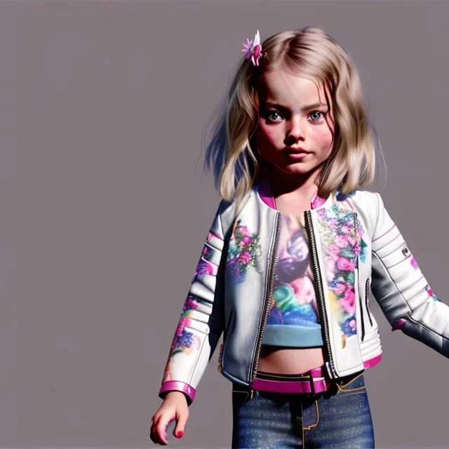 Margot Robbie toddler, full body, leather jacket, floral shirt, floral skirt, shoe, soft skin, dramatic lighting, hyper realistic