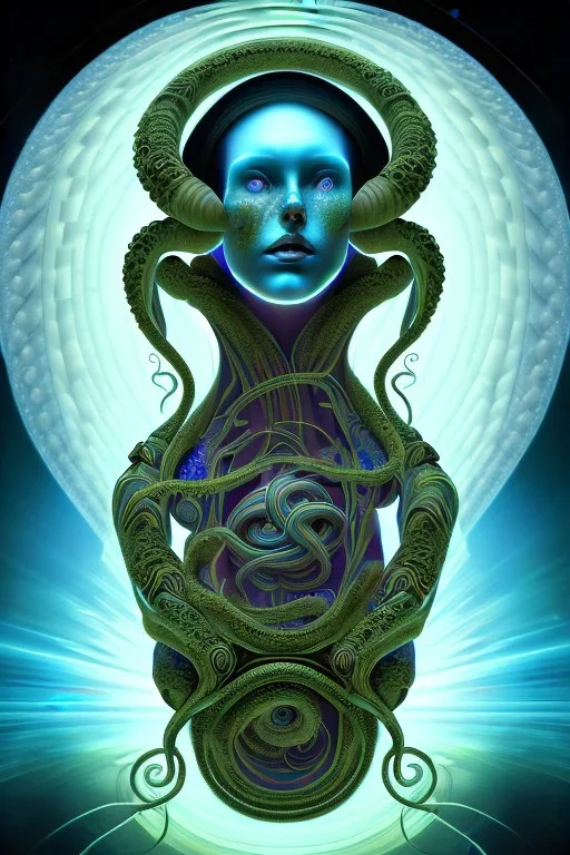 Spiritual being with Tentacles over human Head creating reality around, wrapping Spiral around Human, Psychedelic