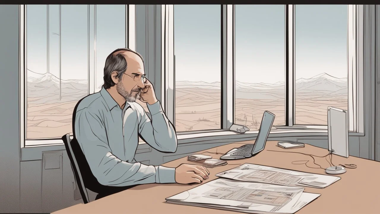 الصورة تعرض ستيف جوبز وهو جالس في مكتبه الخاص، وراءه نافذة تطل على مناظر طبيعية هادئة. يظهر جوبز وهو يرتدي ثوبًا بسيطًا ويتلقى مكالمة هاتفية بينما يعمل على جهاز كمبيوتر محمول. يتسم وجهه بتعابير التفكير العميق والابتسامة الخفيفة، مما يشير إلى تركيزه الشديد وتفكيره الابتكاري. على مكتبه، يمكن رؤية مجموعة من المخططات والنماذج المصغرة لأجهزة تكنولوجية، مما يظهر اهتمامه بالتفاصيل والتصميم المميز. كما يمكن أن نلاحظ تواجد كتب وأدوات كتابة، مما يشير إلى تطلعه المستمر للمعرفة والابتكار. الإضاءة في الصور