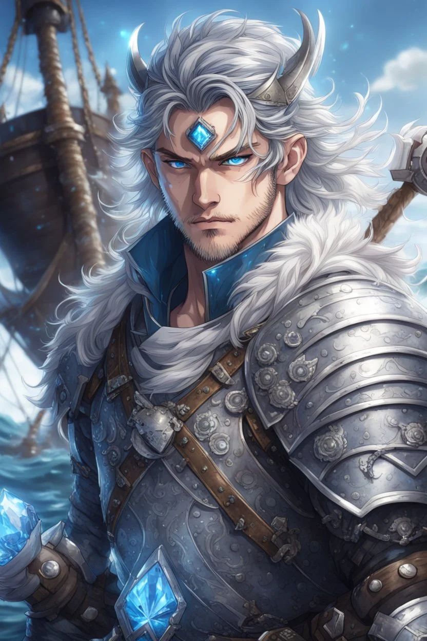 warrior in anime style, with blue eyes wearing silver Vikings armor with a blue crystal on his chest with a battle axe on the pirate ship, anime, anime style