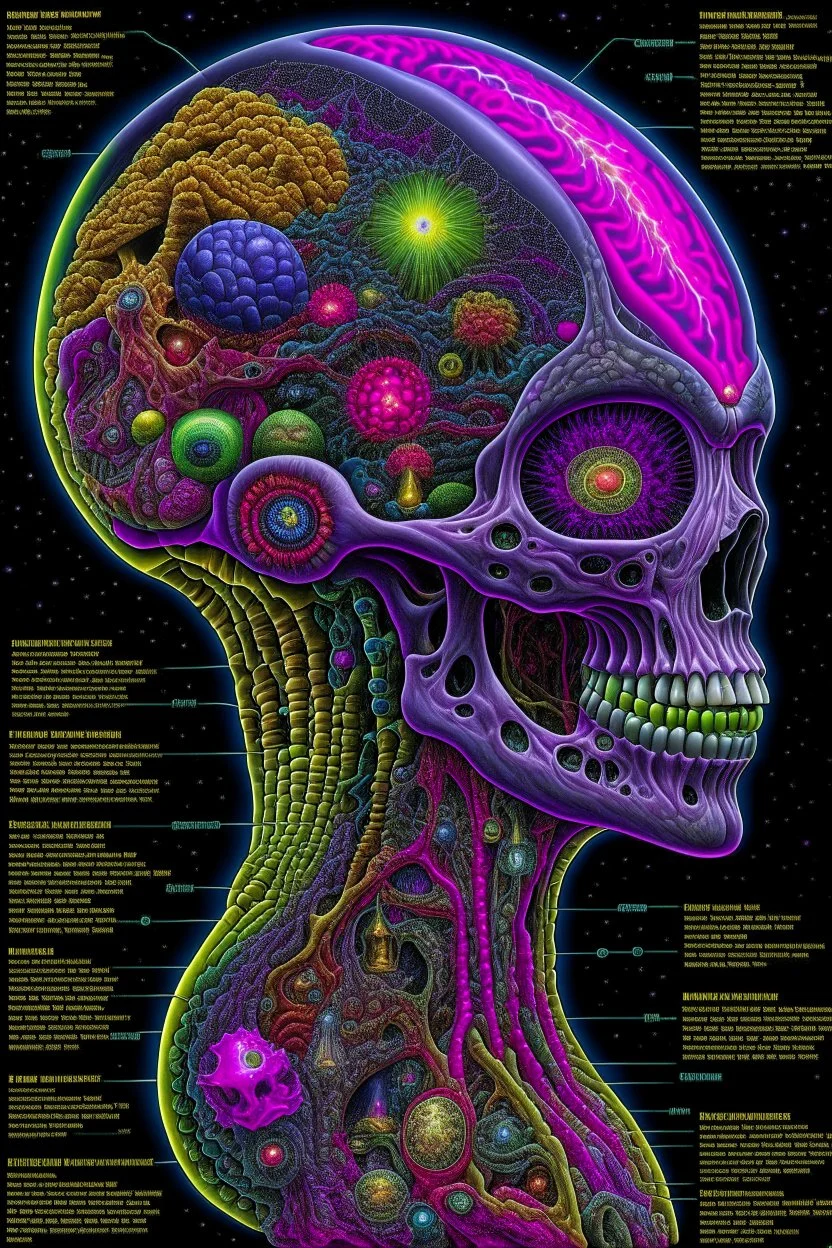 Fantasy00d Technical Diagram, Info graphic, Charts, of A Cosmic Anatomical Abomination Monster head, Info Graphic, Scientific, Data Diagram, Nervous System, Galaxy, Radioactive Colors, Midnight Aura, Ultra Detailed, H.R. Giger, Max Ernst, Thomas Kinkade, Robert Gonsalves, Dark Galaxy Background