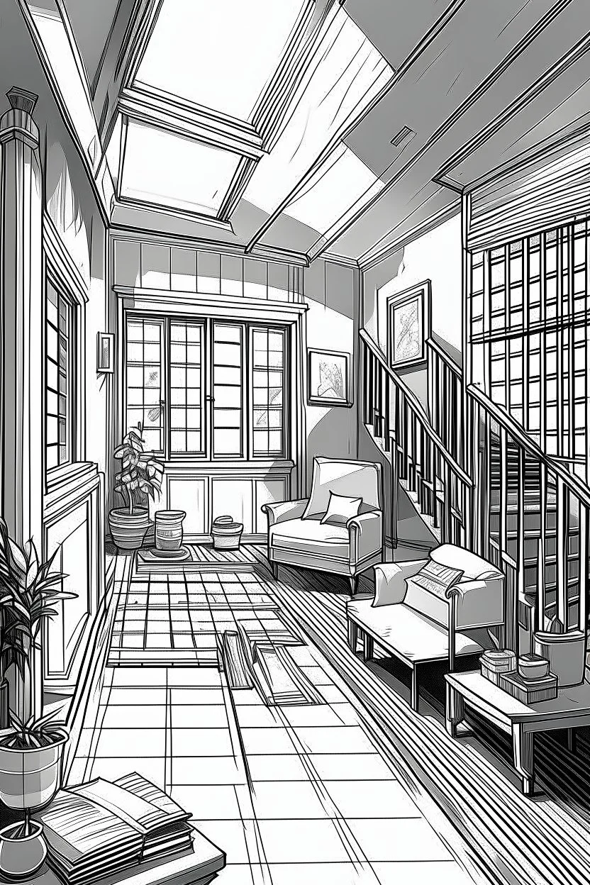 Black and white, house interior design, no shading, thick lines, cartoon style, --ar 9:11