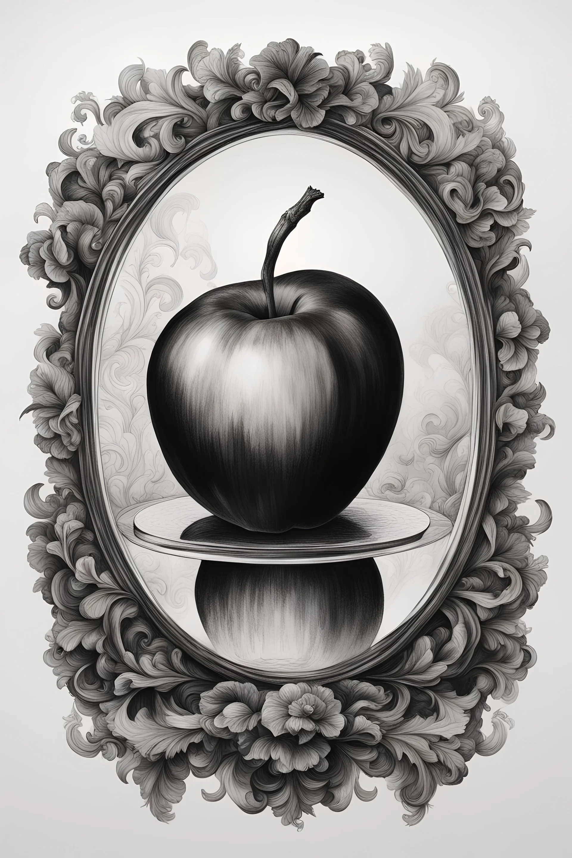 A realistic drawing in negative space black ink on white background of a apple in a mirror baroque with very defined and correct details and brushstrokes smoke around it
