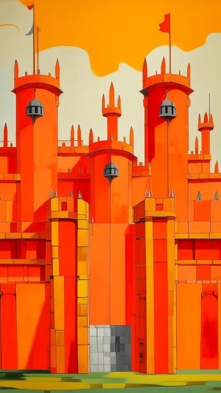 An orange colored fortress with swords painted by Piet Mondrian