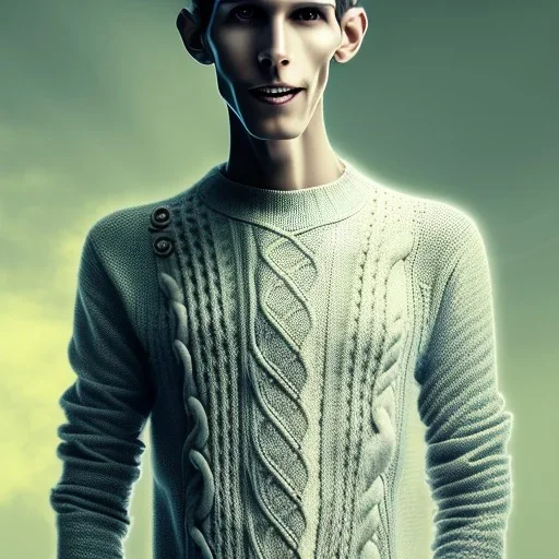 a full picture of a tall rattled skinny man with short dry hair in a light color wearing a knitted sweater grinning with teeth