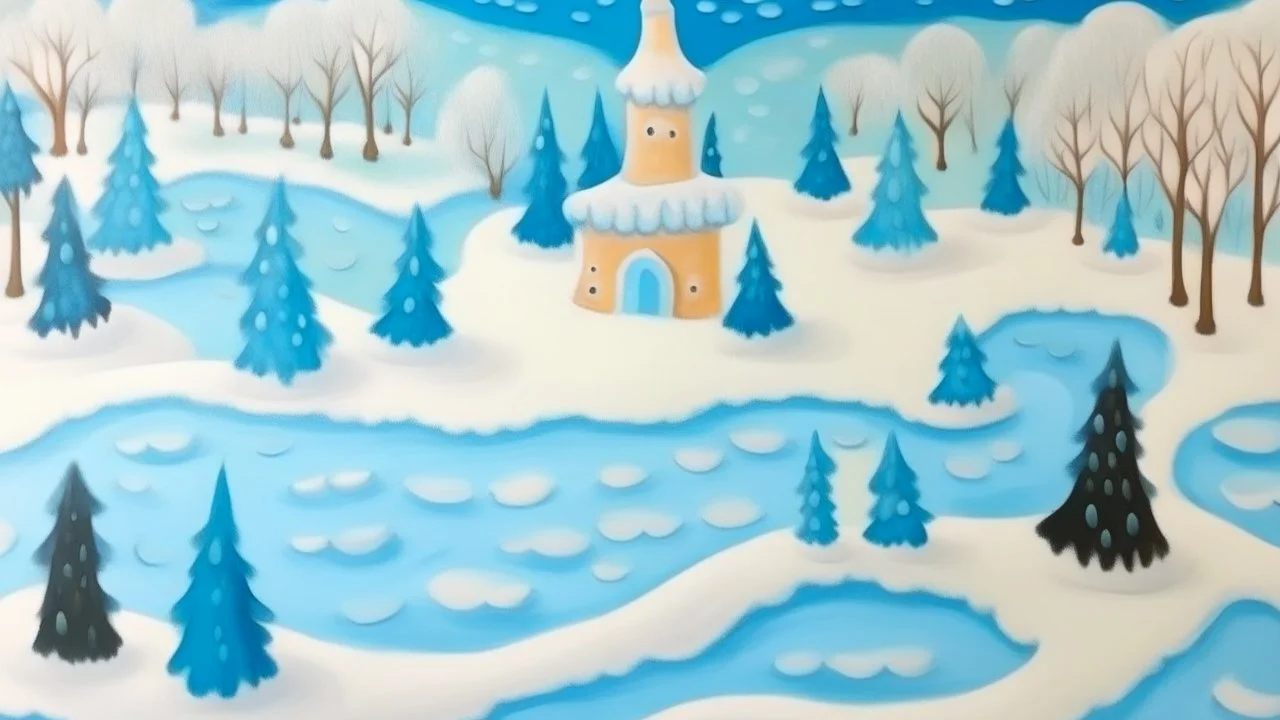 A light blue snowy wonderland made out of ice cream painted by Georges Seurat