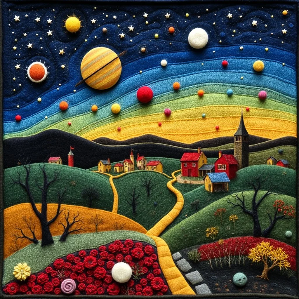 Felt art patchwork, clay, 3d deep field, creepy, Max Ernst, wide angle landscape scene of an odd village, stars and planets, needlepoint, abstract silhoutte, expressionist style, colorful holiday, Yves Tanguy