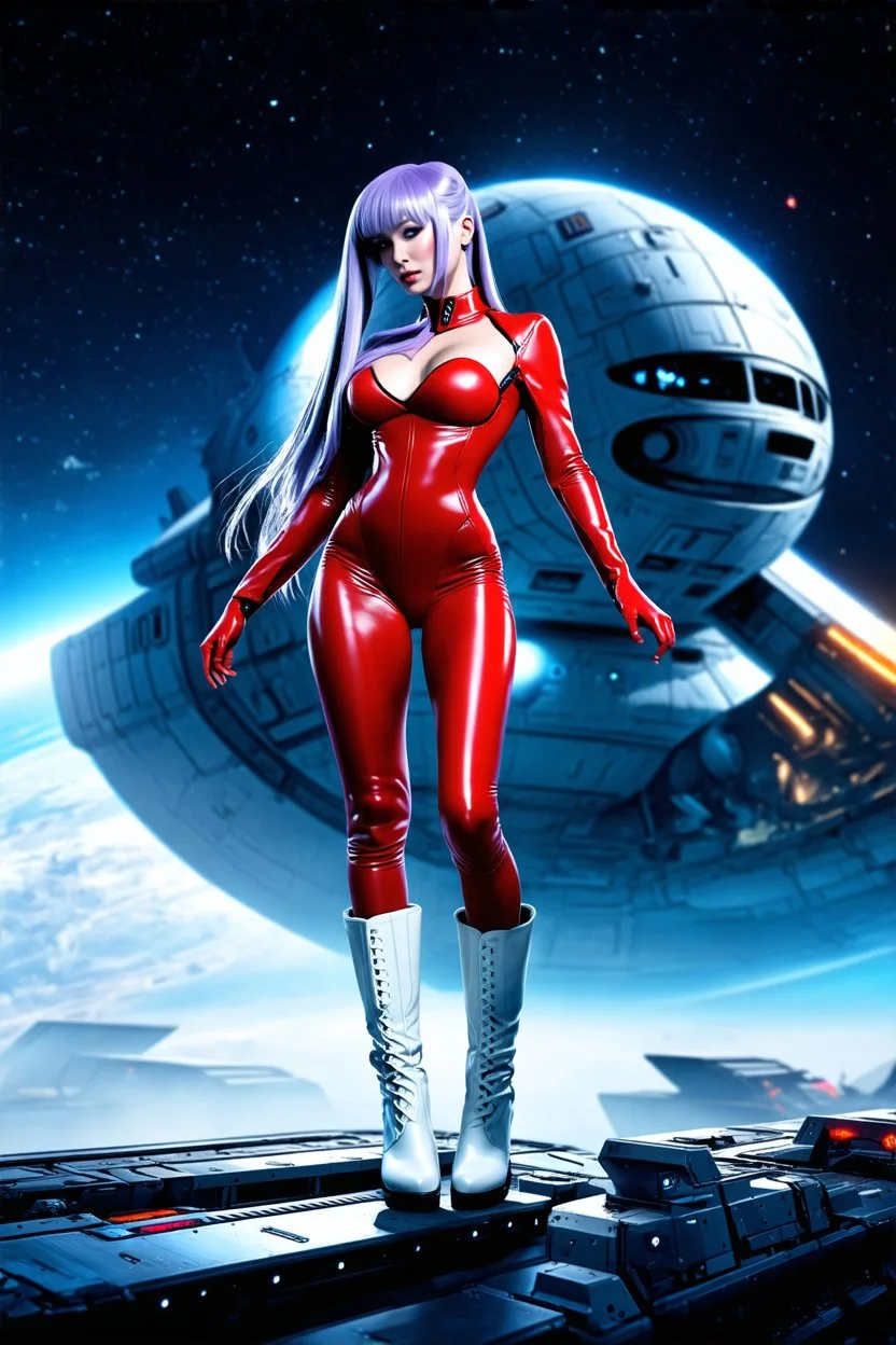 White woman with long purple hair, a good, athletic body, nice legs, and a large bust, dressed in a red latex mini suit and white boots, stay in an alien-like technological ship, with a destroyed spaceship in the background.
