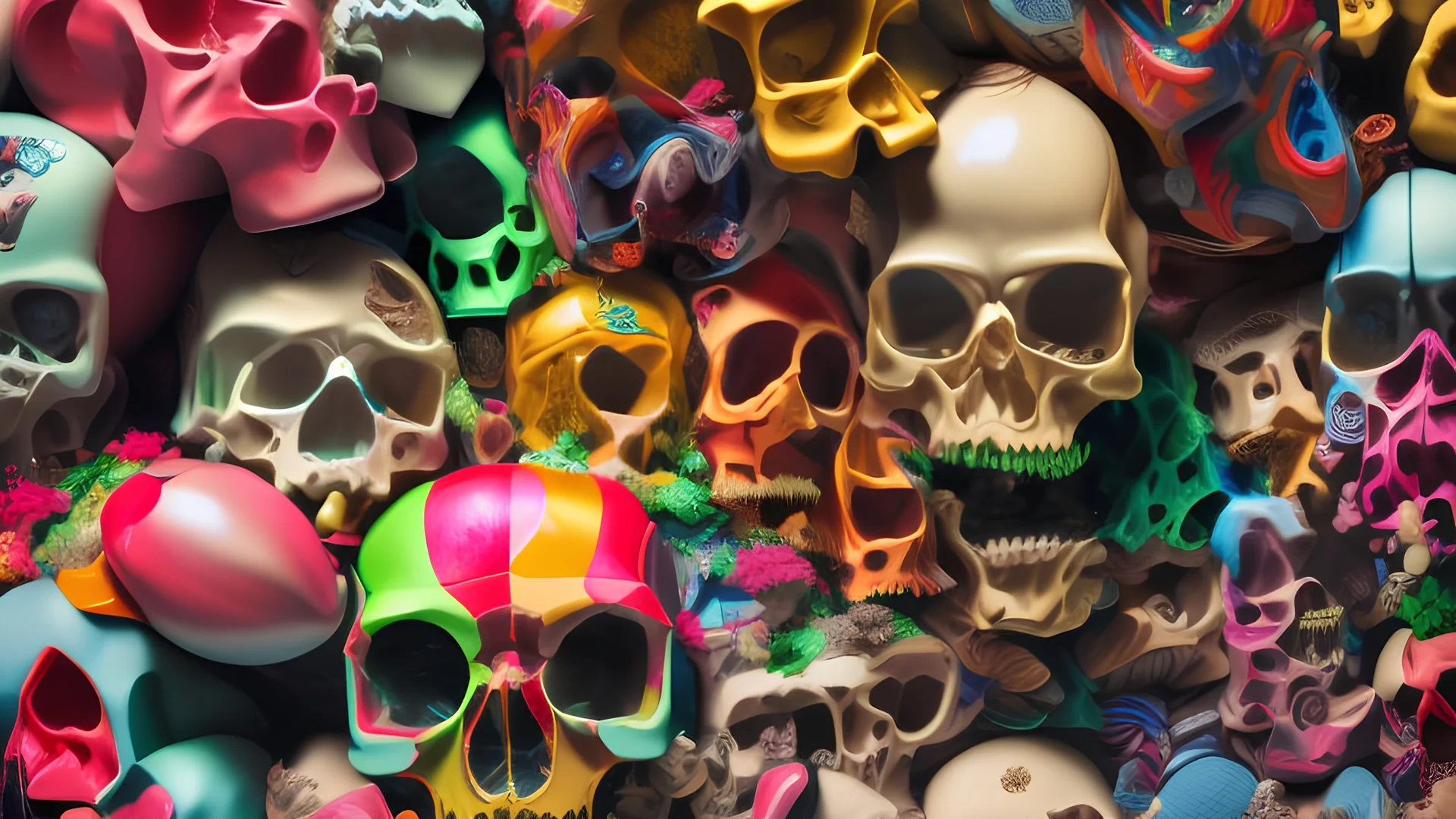 a picture of a dark, comedic, anatomically correct wall of colorful tightly packed skulls of varying sizes and expressions, photo realistic, insanely meticulous, highly detailed, part of a collection of bones on display, 64k, dystopian, vray