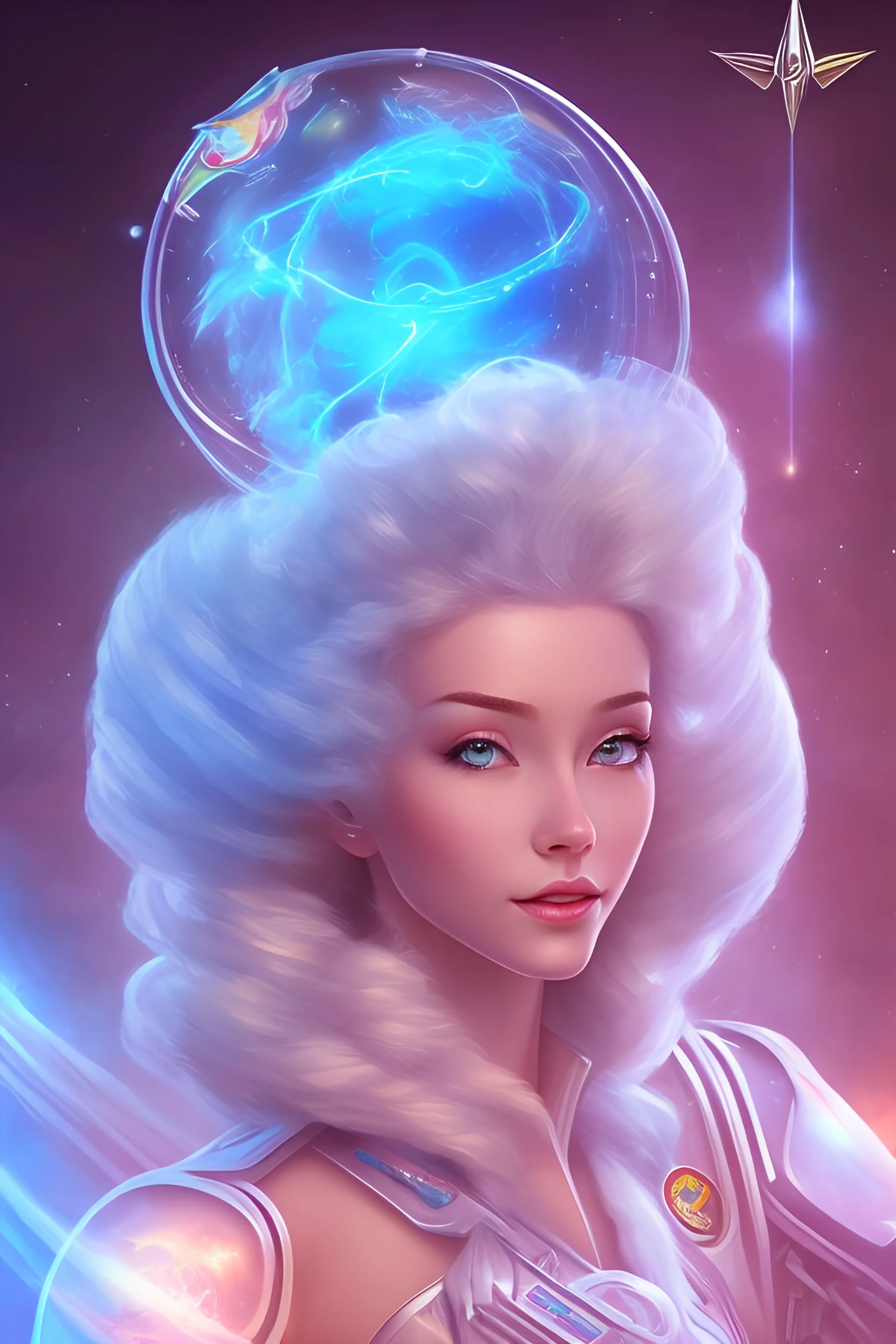 Portrait young woman cosmic admiral from the future, one fine whole face ,large cosmic forehead,crystalline skin, expressive blue eyes, blue hair, smiling lips, very nice smile, costume pleiadien doré