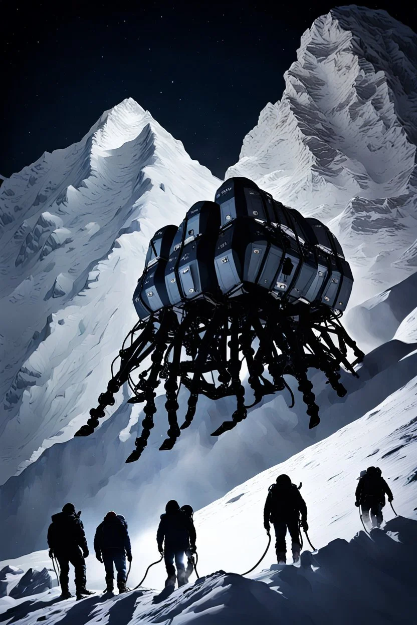 silhouette of a eight legs machine scaling a very steep snow covered side of mout everest at night, it has storage pods on its belly and humans can fit in the pods