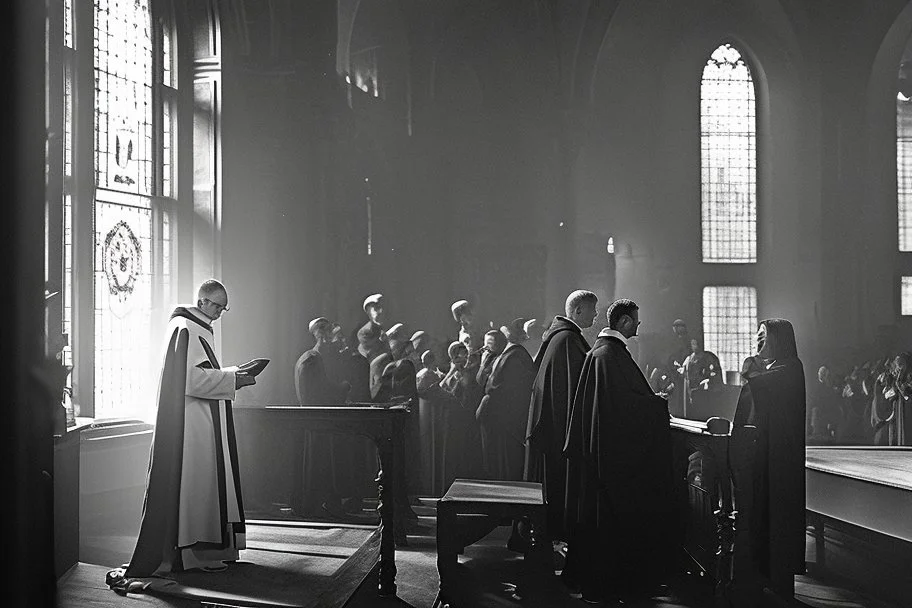 a priest in a crowded church who realizes that he is having an attack of colitis and, while he is preaching, tries to hold back a big fart. Insane details, photo shooted by Nadar. Low contrast, no hands