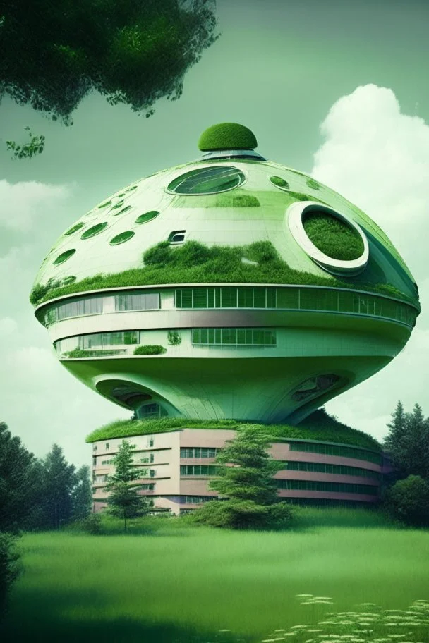 A building in the form of a satellite dish and green spaces