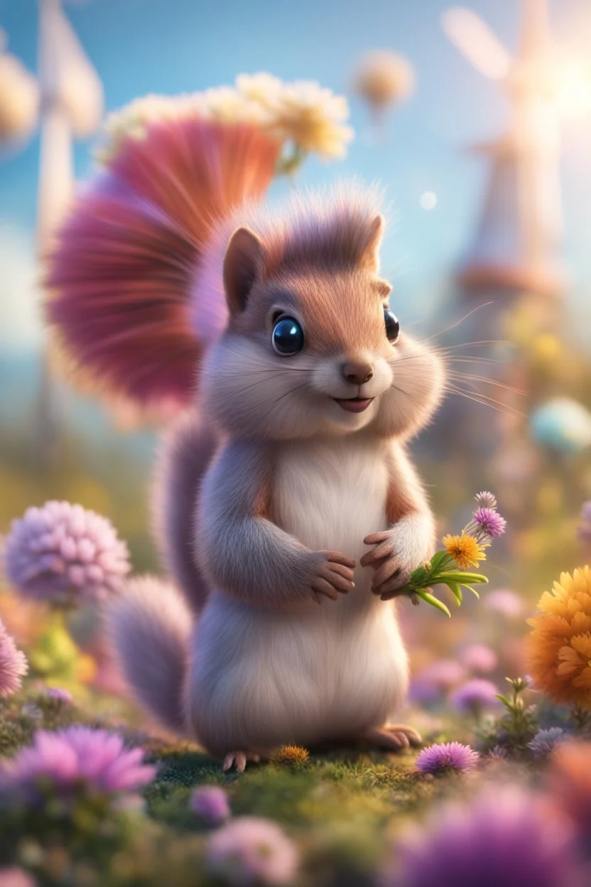 plexi glass tower, portrait of a cute fluffy wolly squirrel with an open parachute holding weird flowers in the style of pixar, on a strange planet with weird colors and wind turbines, bokeh like f/0.8, tilt-shift lens 8k, high detail, smooth render, down-light, unreal engine, prize winning